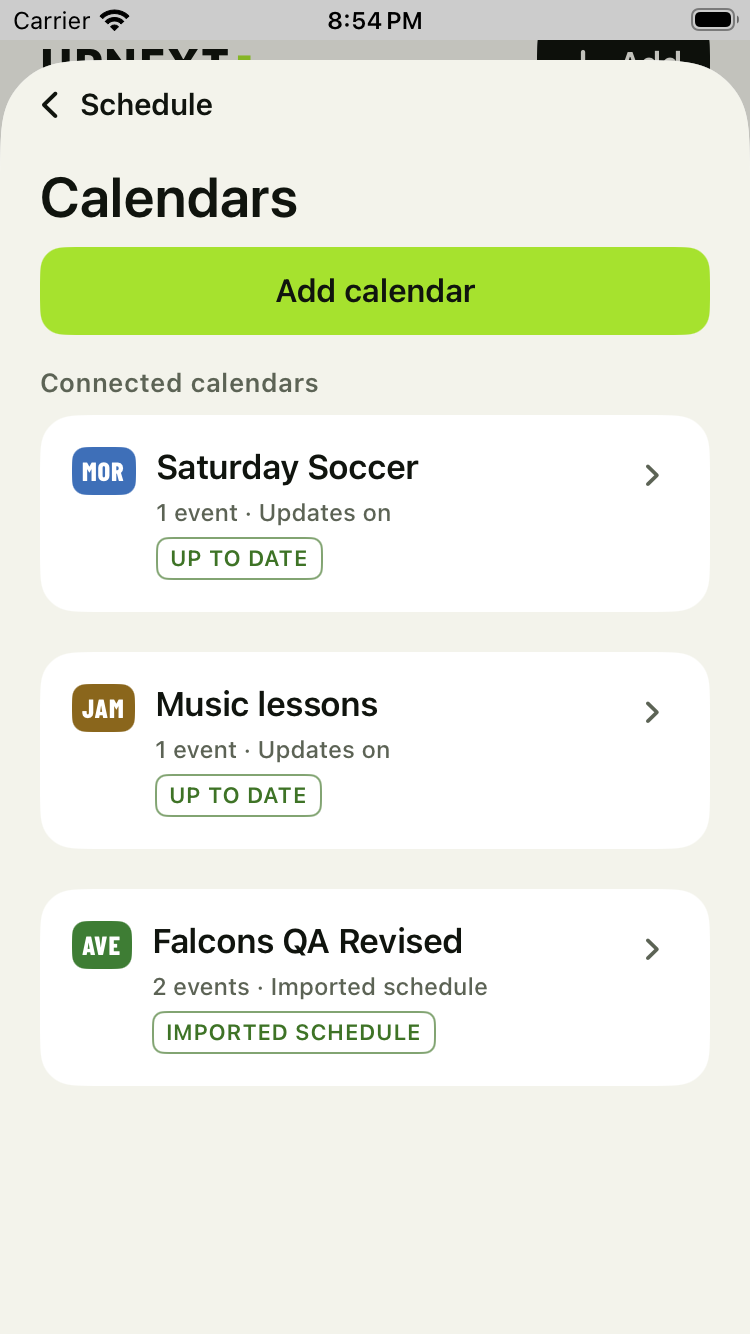 UpNext Family 2.5 QA Calendars with fictional soccer, music and hockey schedules