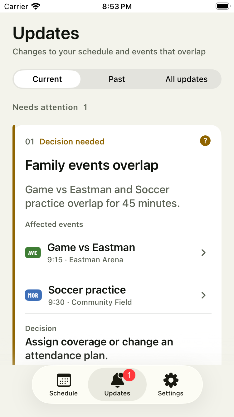 Game vs Eastman and Soccer practice overlap for 45 minutes.