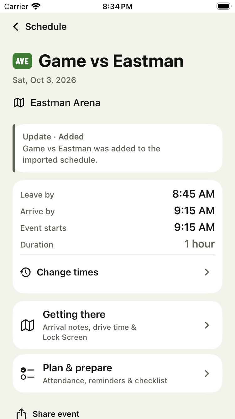 Leave by 8:45 AM, arrive by 9:15 AM at Eastman Arena.