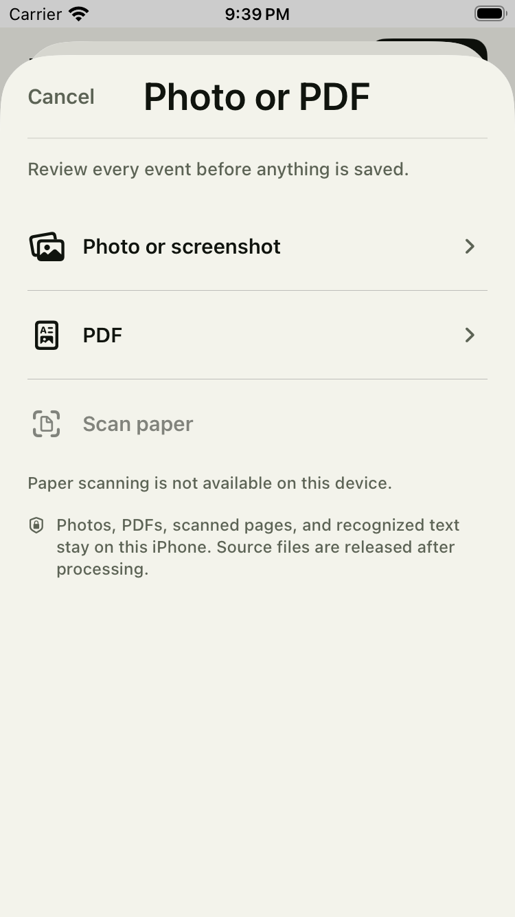 UpNext Family 2.5 QA Photo or PDF choices, with paper scanning unavailable on this simulator