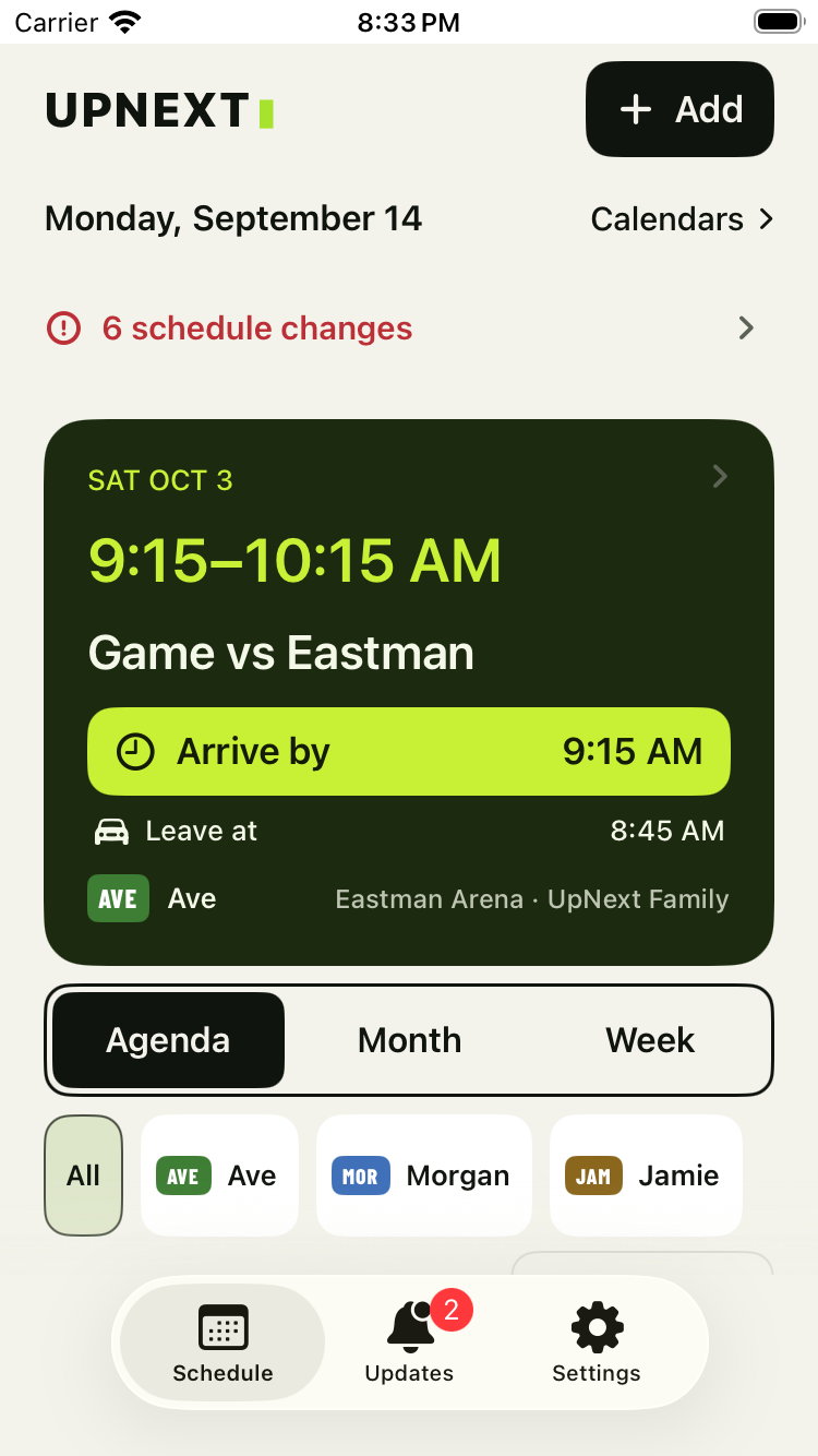 UpNext Family 2.5 QA main Schedule screen showing a fictional next event, arrival and departure times, and family filters