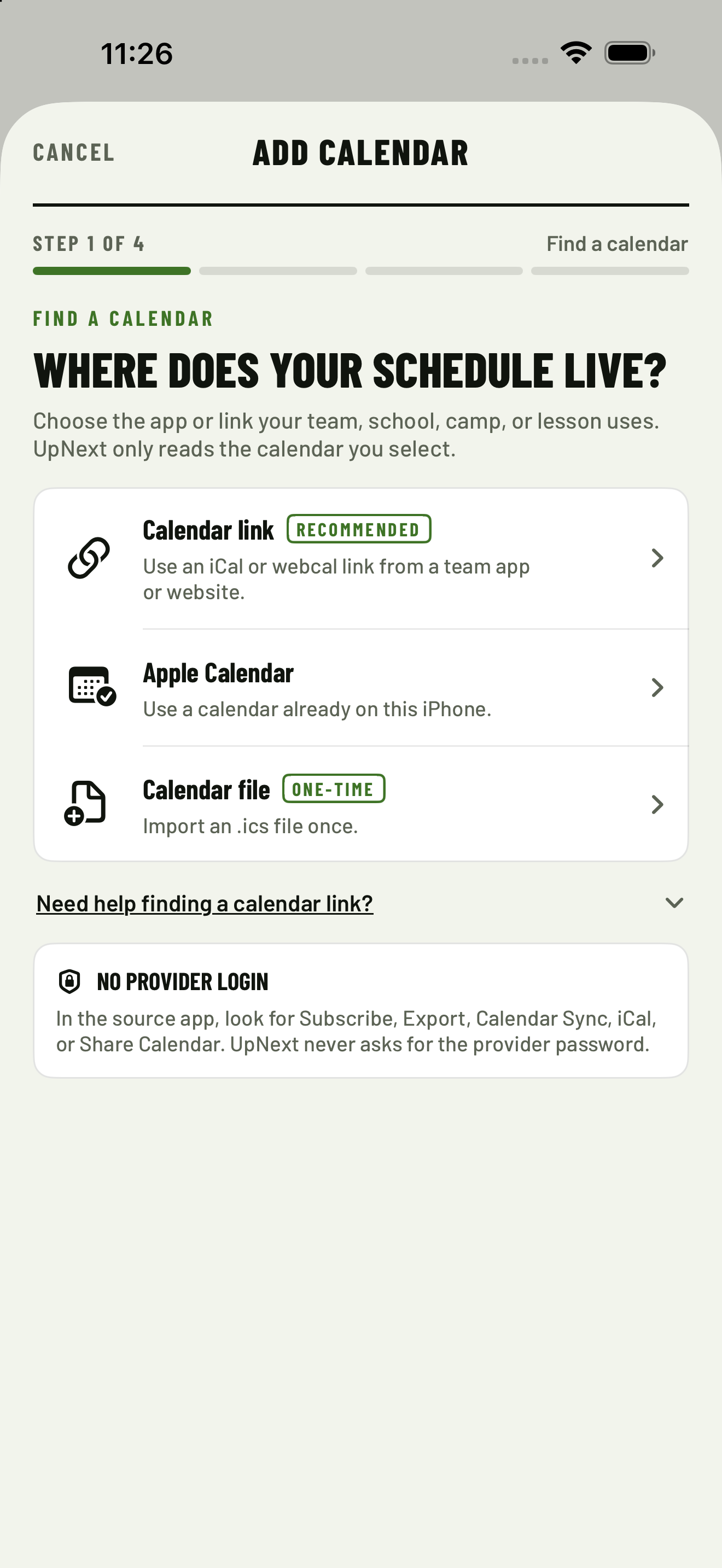 Reviewed synthetic UpNext Family Add Calendar capture offering calendar link, Apple Calendar and calendar file options